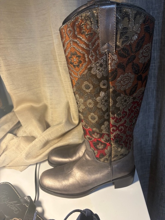 Donald J. Pliner Shoes - Donald J. Pliner Metallic Silver Leather and Multicolor Brocade Knee Boots